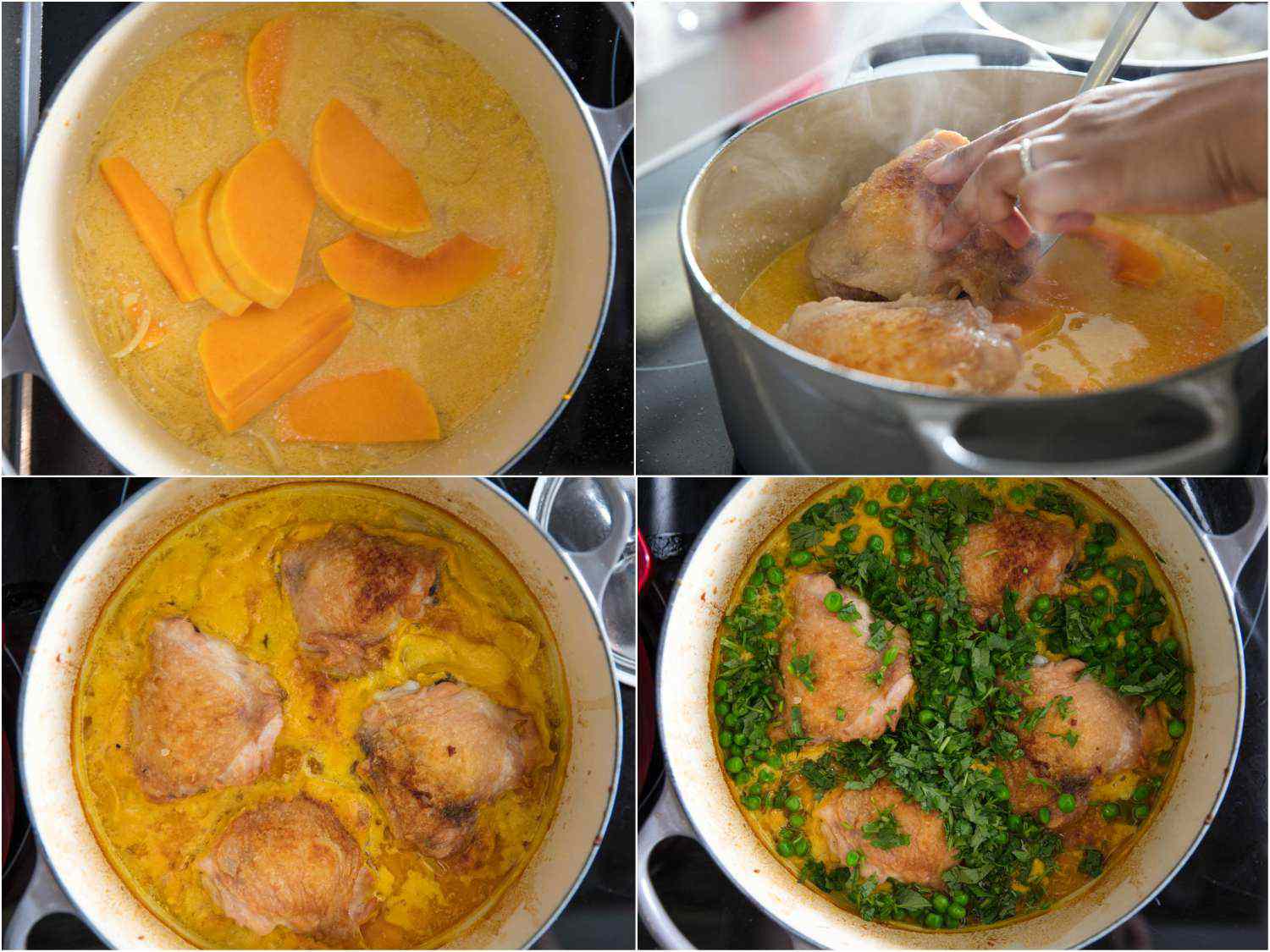 拼贴画:分层南瓜，棕色鸡腿，豌豆，和香草在荷兰烤箱的鸡肉阿吉阿里洛。gydF4y2Ba