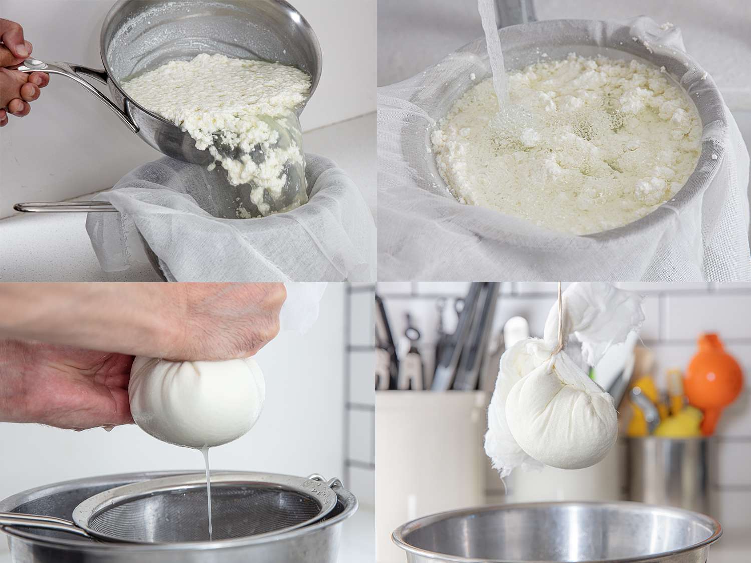 四幅图像拼贴。从左上起顺时针方向:将凝乳倒入一个有粗棉布衬里的筛子中;凝乳在水下运行;奶酪布拧在碗上，液体滴落;奶酪布挂在碗上。