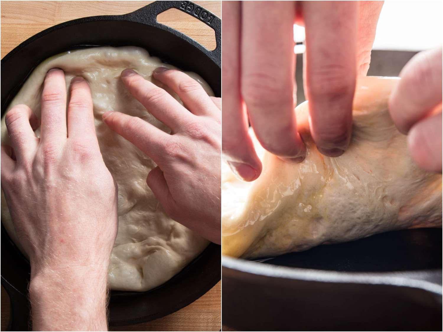 拼贴照片，描绘了在烘焙前触摸披萨面团:用指尖对接表面，抬起边缘释放滞留的空气。gydF4y2Ba