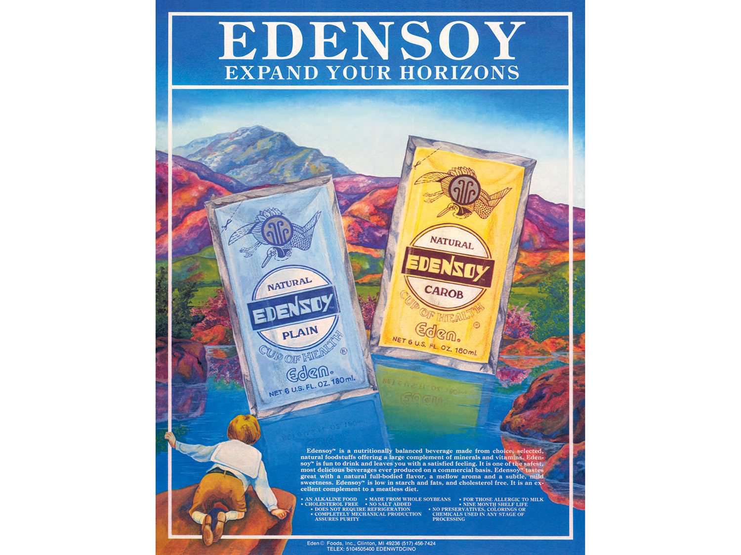 Edensoy的复古广告，以普通的和角豆口味的豆浆为特色，以田园诗般的背景为背景，宣称，