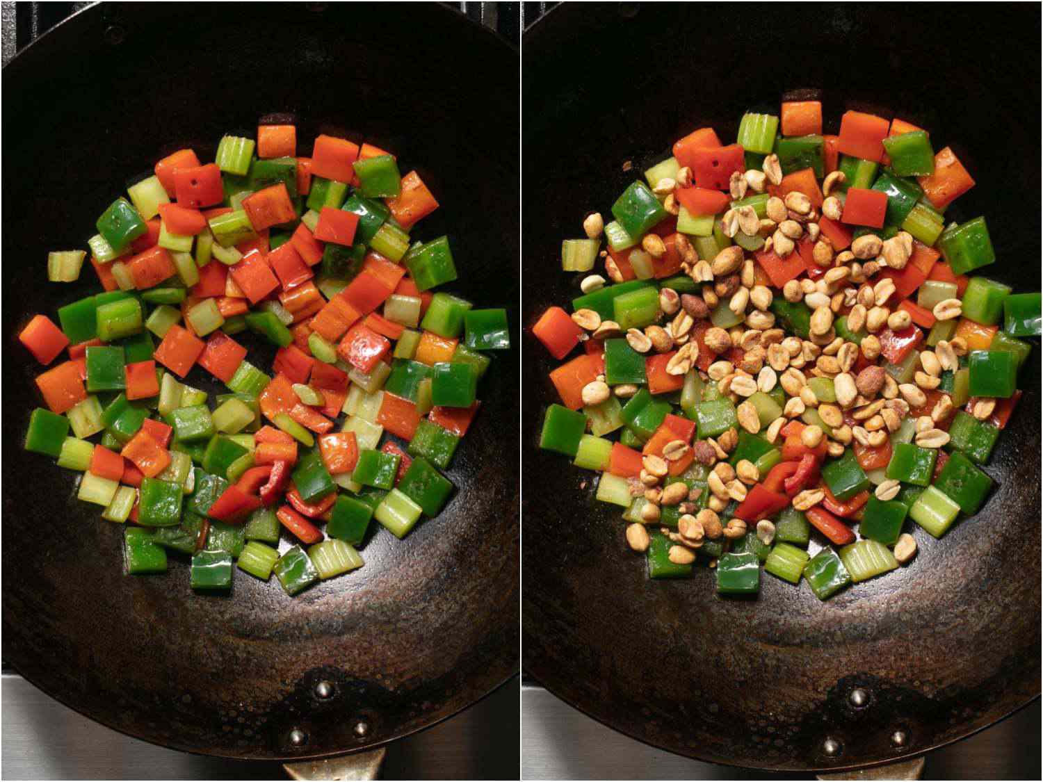 照片拼贴显示炒青椒,芹菜,然后添加花生,takeout-style宫保鸡丁。gydF4y2Ba