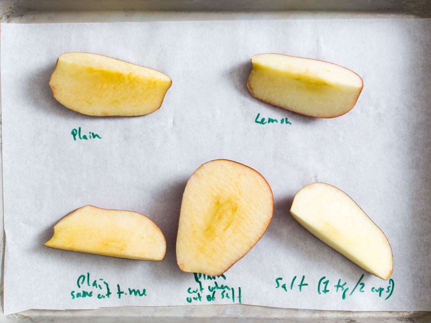 为了防止褐变，不同处理的苹果切块的比较。