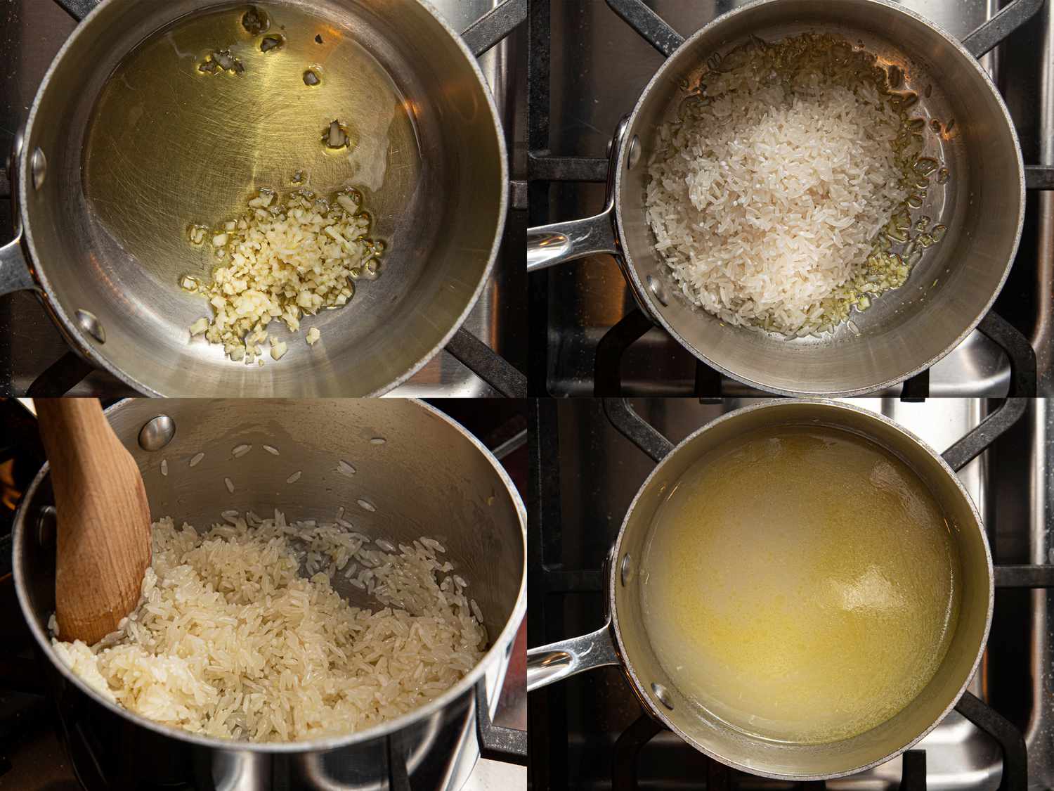 四个图像拼贴添加大蒜、大米、和股票一锅煮米饭