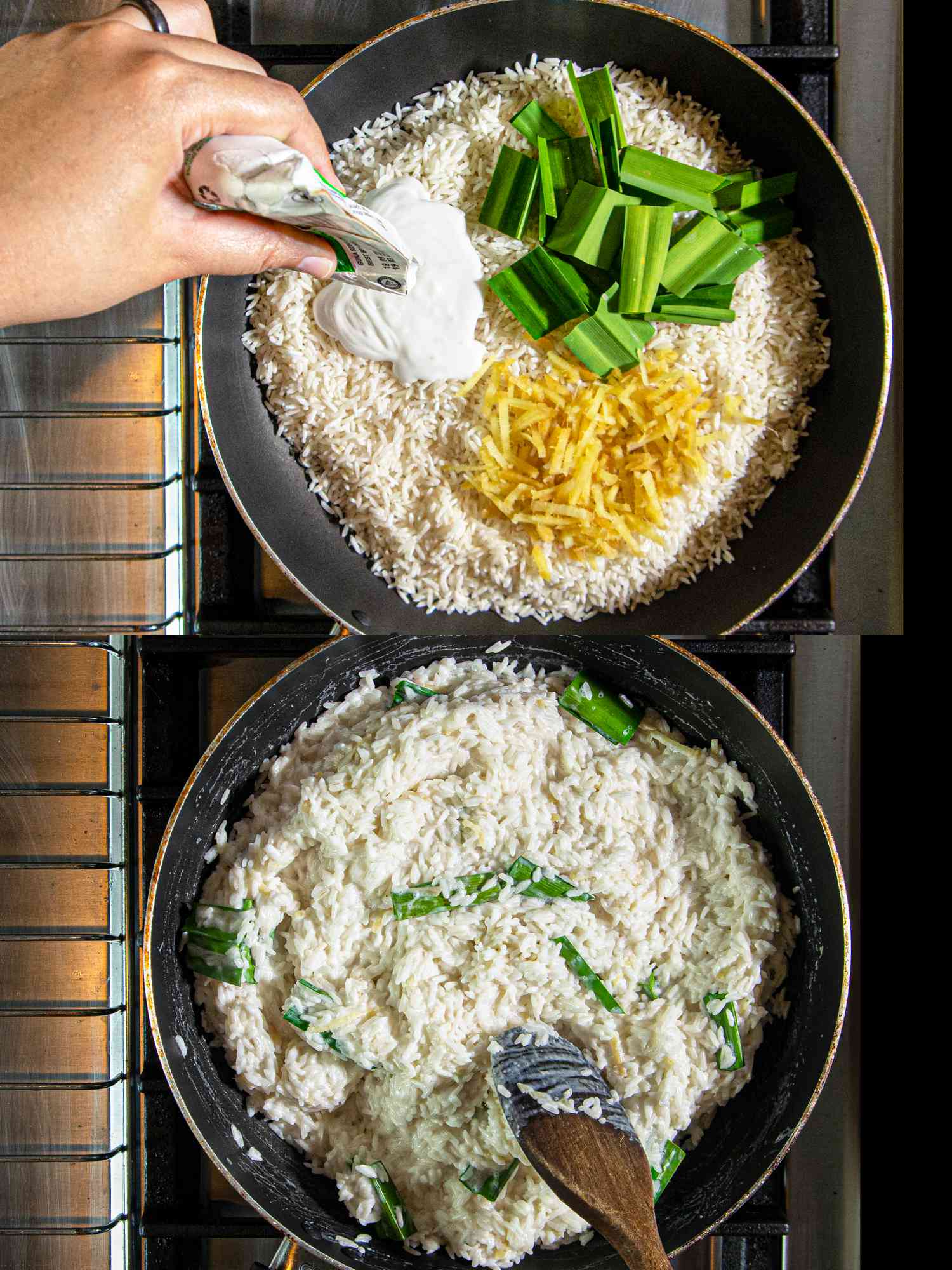 顶视图的饭香兰叶,姜和椰奶锅和搅拌米饭