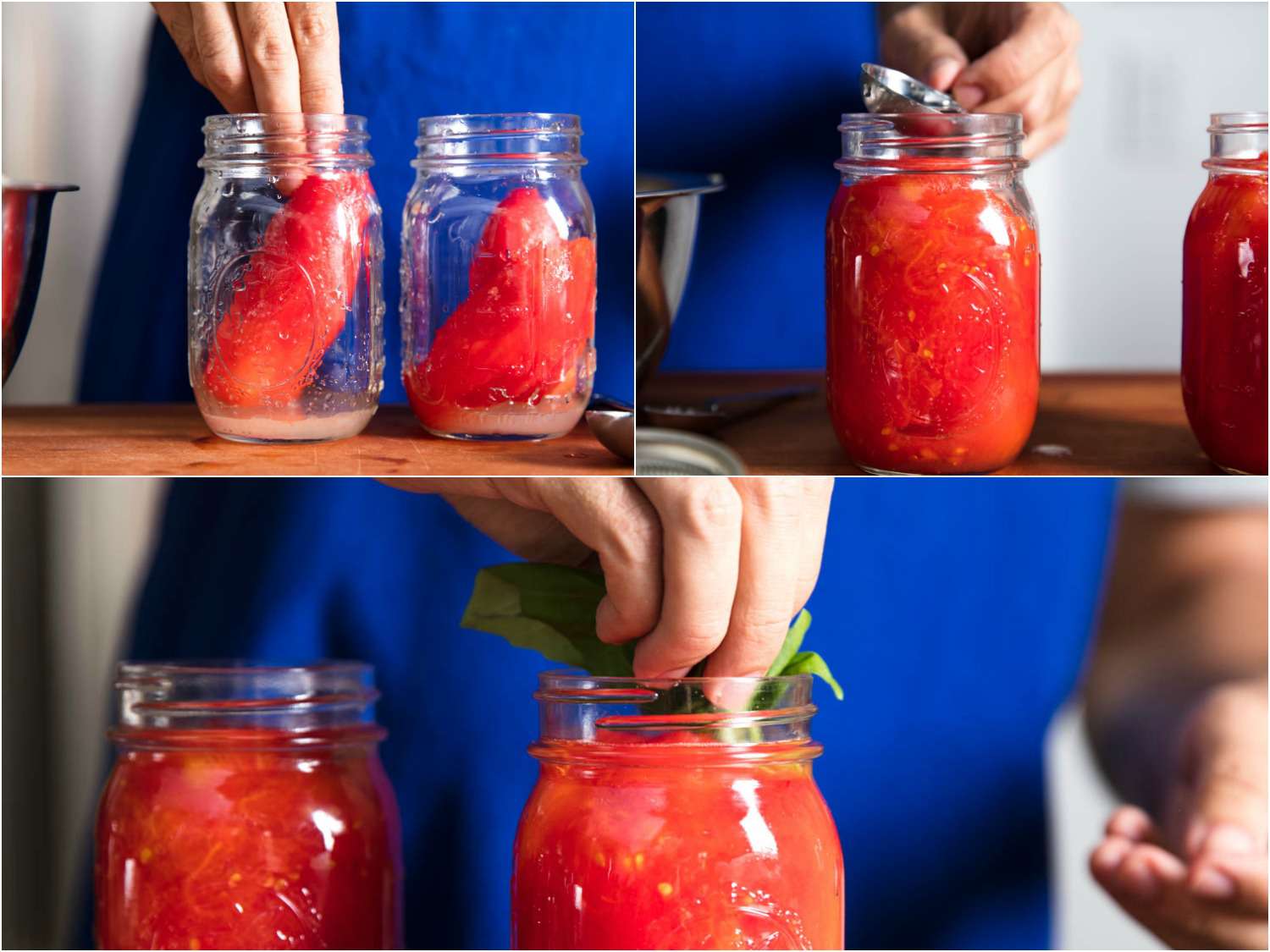 罐装西红柿的拼贴画:把焯过水的西红柿加入罐子，往罐子里加入液体，加入香草枝