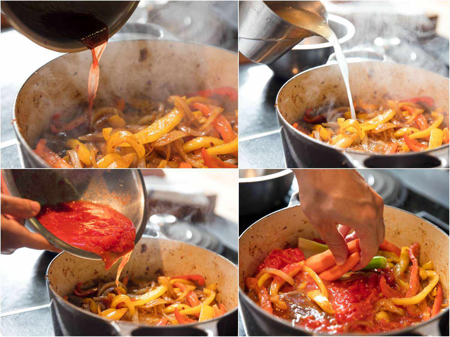 制作ropa vieja的照片拼贴:向荷兰烤箱中加入液体，加入番茄，加入大块胡萝卜。gydF4y2Ba