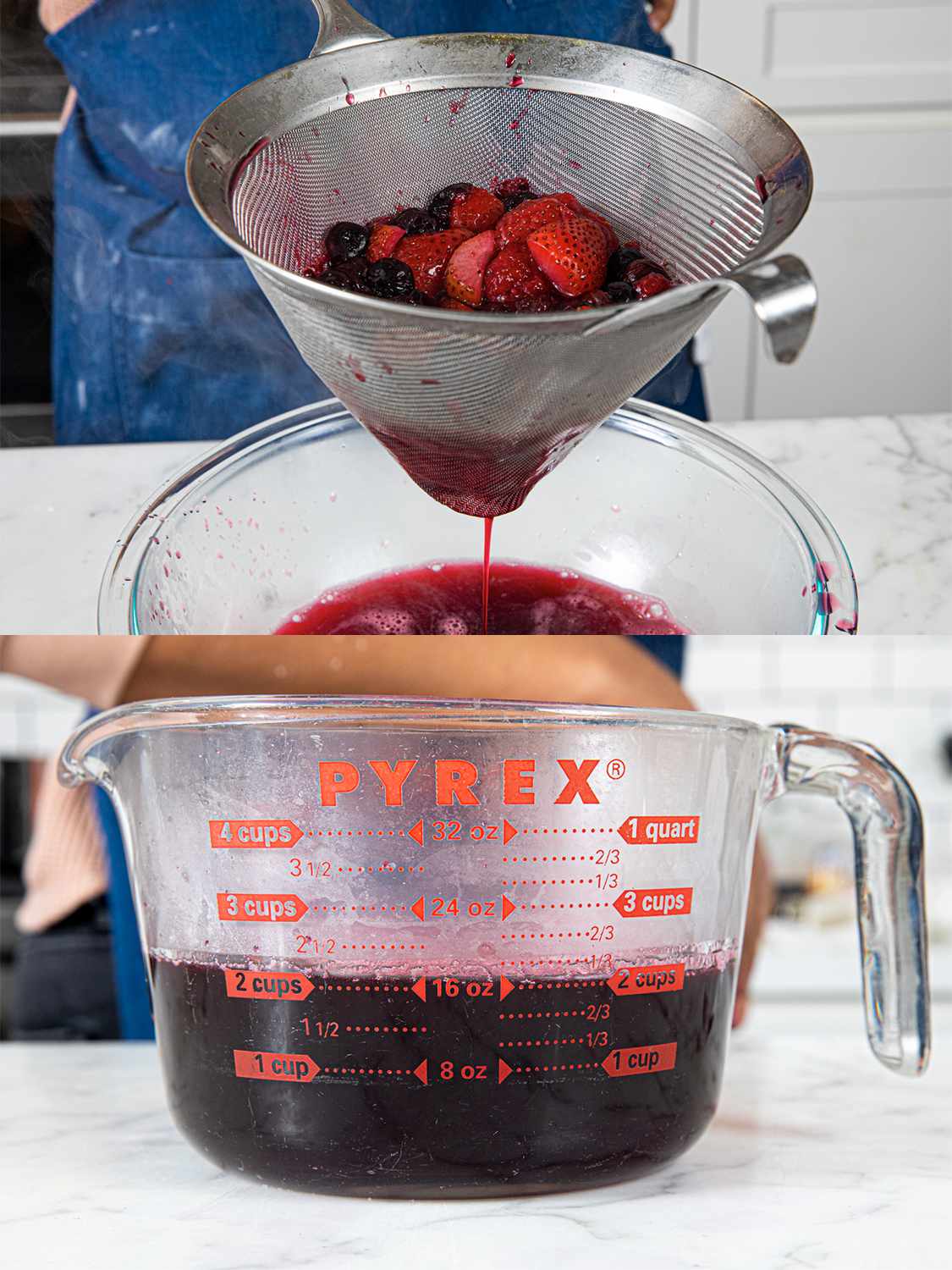 两个图像拼贴过滤浆果和测量杯充满液体