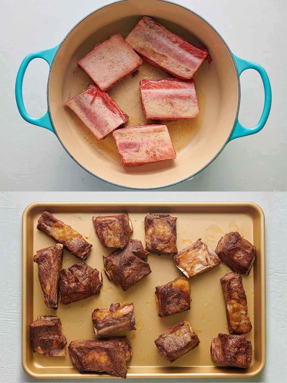 一个双图像拼贴。上面的图片显示了荷兰烤箱里的大块牛肉短肋排被放入热油中。下面的图片显示了烤盘上已经变成棕色的牛肉短肋块。gydF4y2Ba