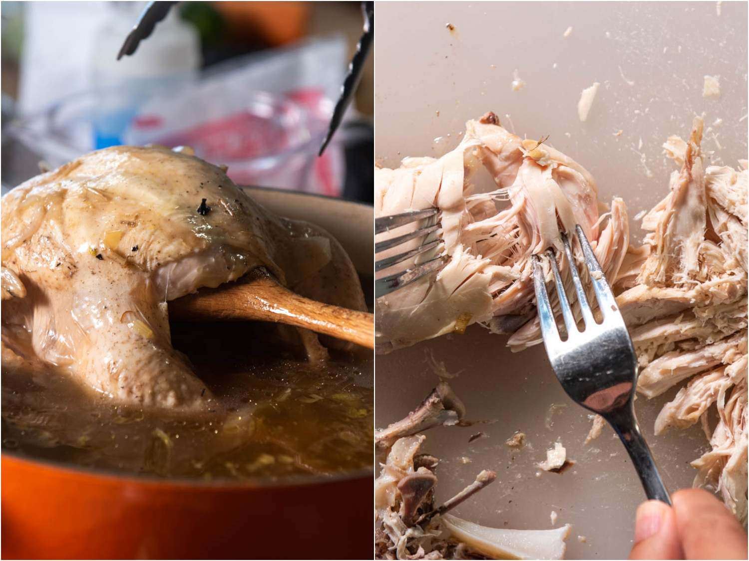 拼贴:把鸡肉从汤里拿出来，用叉子把肉切碎。