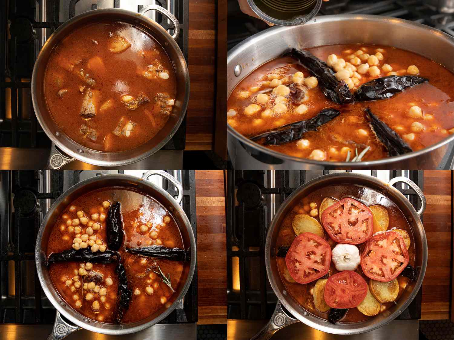 Four image collage of overhead view of adding chickpeas , sausage, potatoes, tomatoes, and garlic