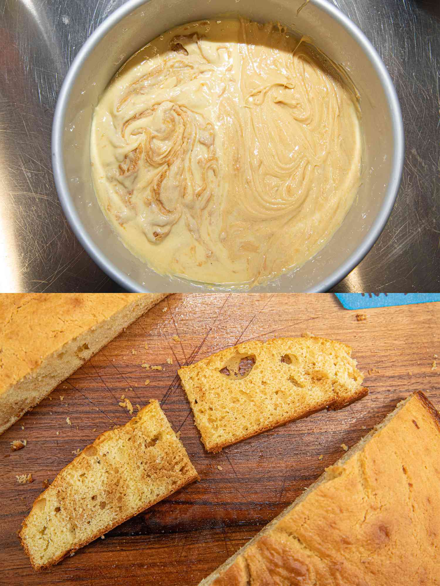 之前和之后的顶视图和坚果黄油烤一个蛋糕