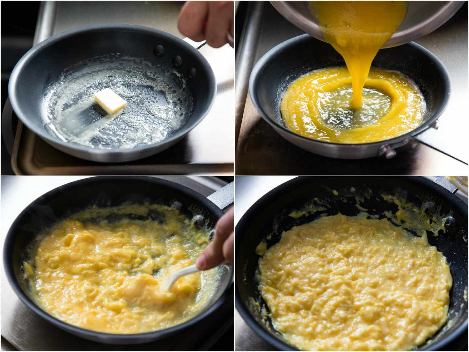 制作法式煎蛋卷的照片拼贴:在不粘锅里融化黄油，倒入鸡蛋，用塑料叉子搅拌鸡蛋，鸡蛋表面开始凝固gydF4y2Ba
