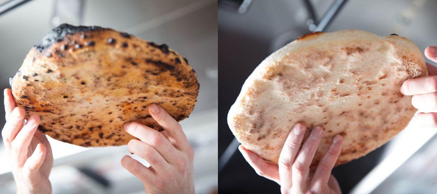 左边是用Breville烤箱烤的披萨，右边是用传统烤箱烤的披萨。