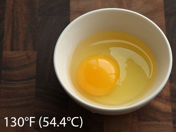 鸡蛋煮熟的真空在130°F (54.4°C) 40分钟。