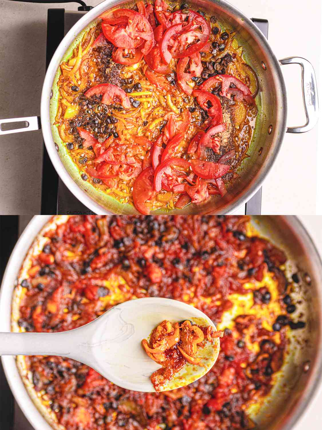 两个图像拼贴的西红柿和洋葱和小龙虾加入锅中，然后很快举起软化蔬菜