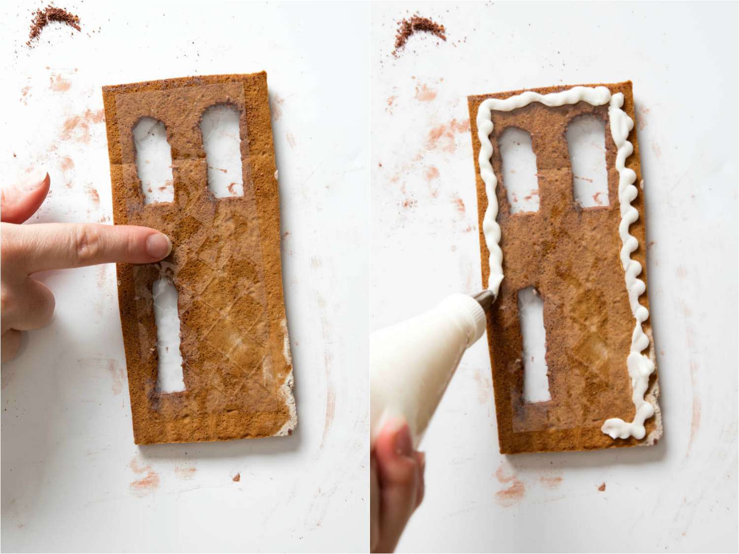 拼贴照片，将薄片明胶贴在姜饼墙上，用皇家糖霜做窗户