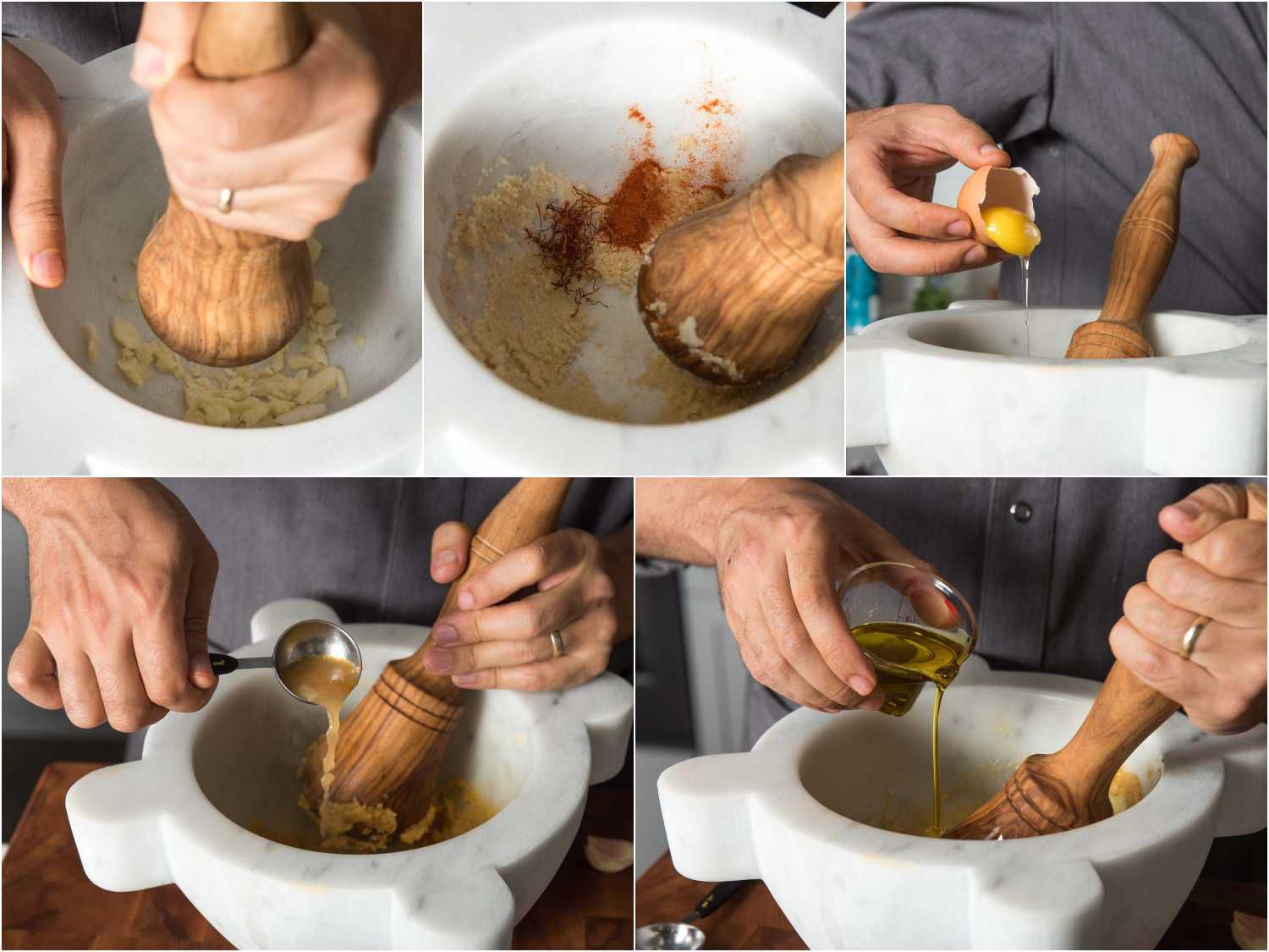 用研钵和研杵制作肉酱的拼贴画:把大蒜、辣椒粉、面包屑、蛋黄、鱼汤和橄榄油捣成浓稠的糊状。gydF4y2Ba