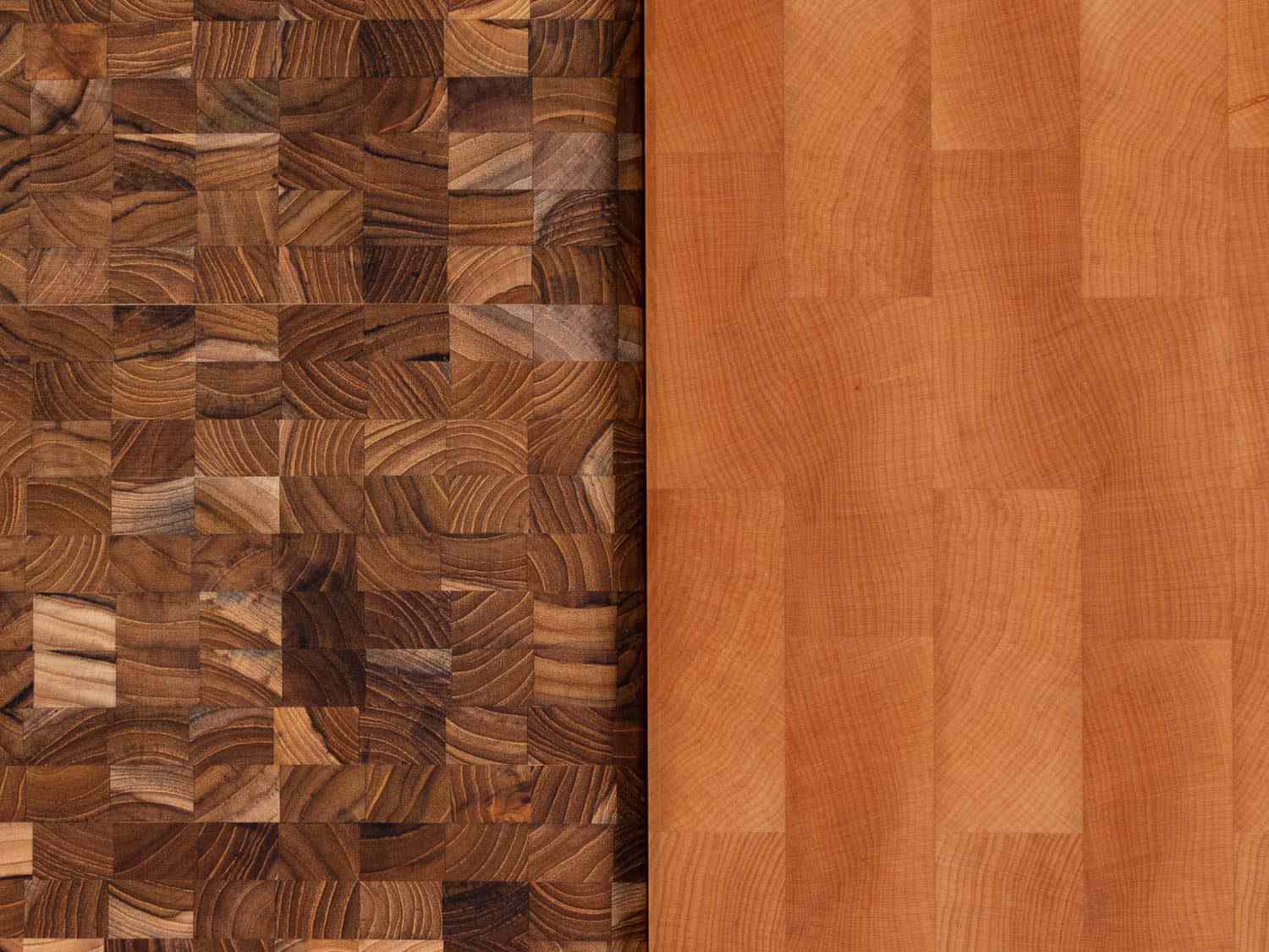 Teak Haus的端纹板使用的小块木材与Brooklyn Butcher Block的枫木端纹板使用的大块木材的对比