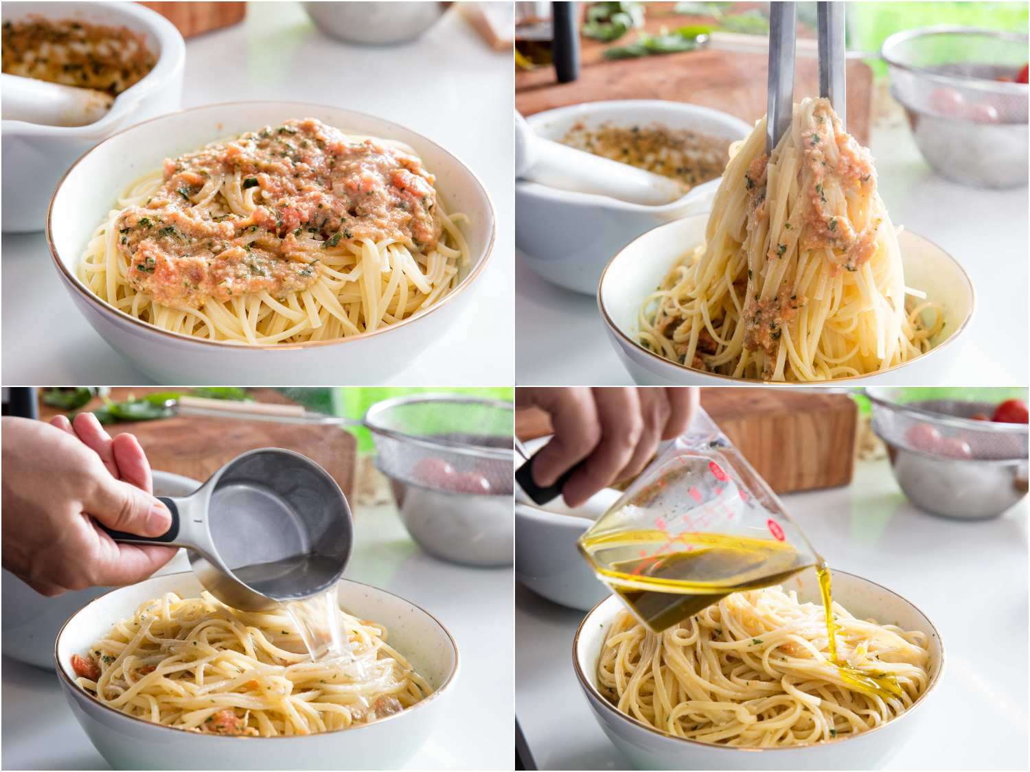 A collage of dressing linguine with Pesto alla Trapanese with a drizzle of olive oil.