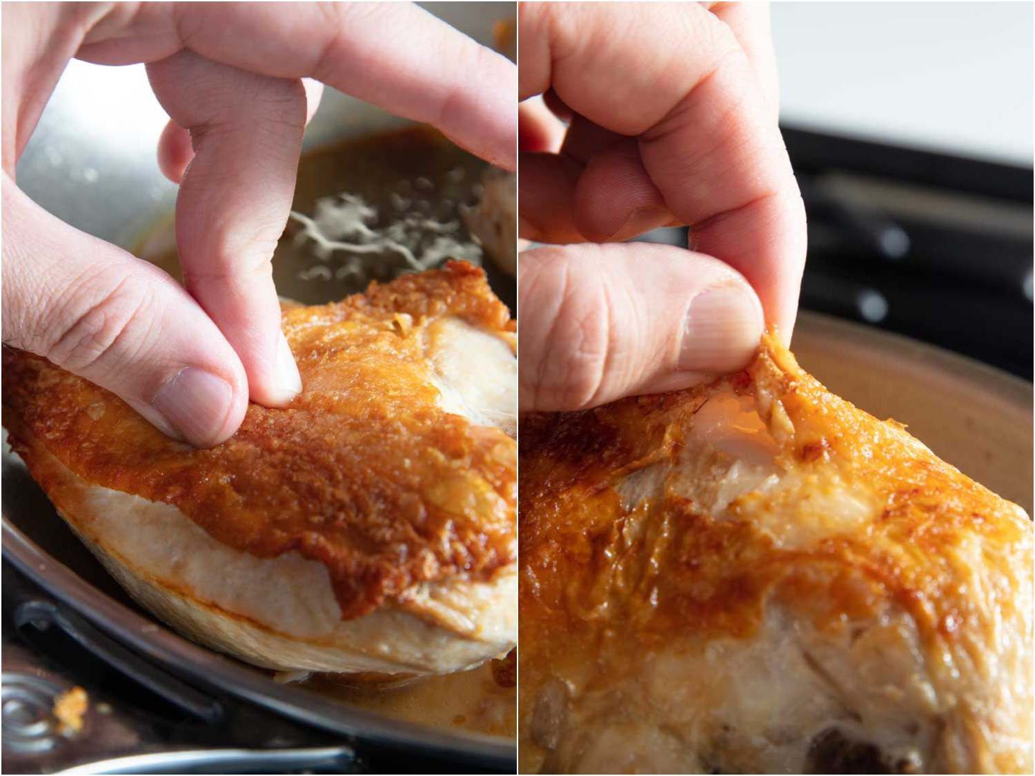 这张对比图显示了在不锈钢煎锅和不粘锅中烹饪的鸡肉的表皮是多么脆。不粘锅上的鸟皮更容易捏，因为它的很多地方不那么脆。