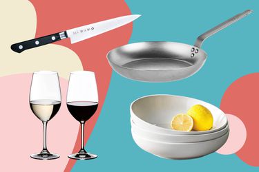 四件物品(碗，平底锅，酒杯，刀)在彩色背景上的拼贴画