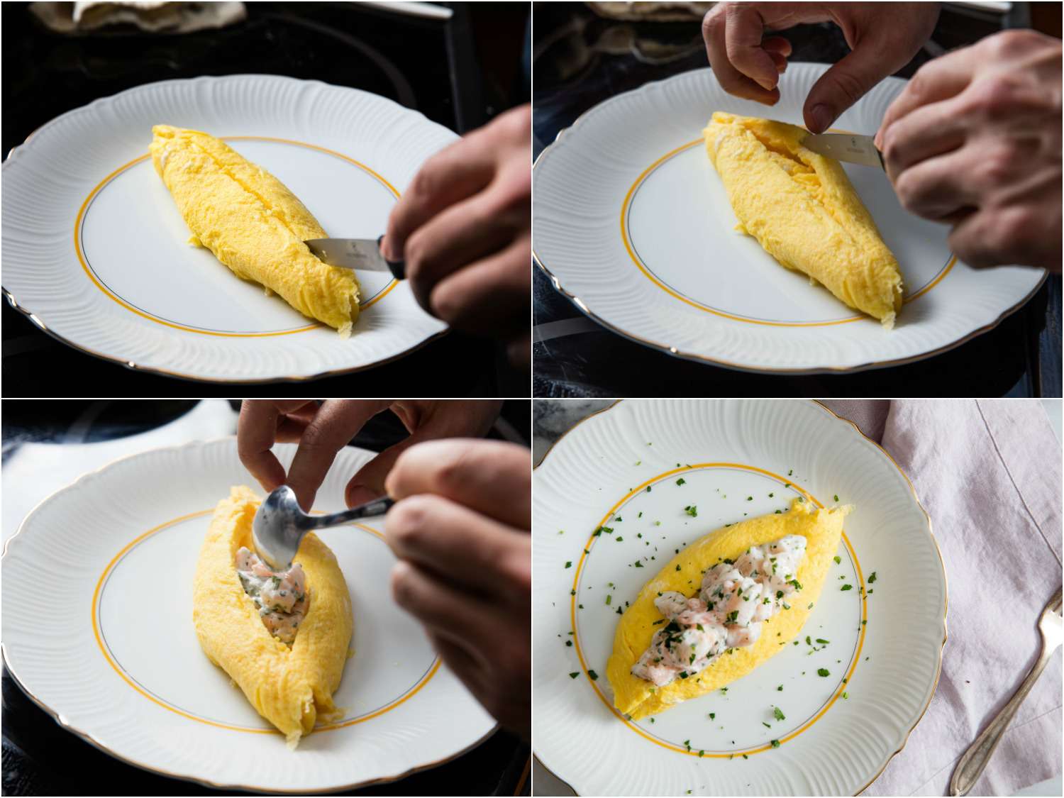 法式煎蛋卷的填充物照片拼贴:用刀切开煎蛋卷，拉大开口，舀入虾仁沙拉，最后用香草末装饰gydF4y2Ba