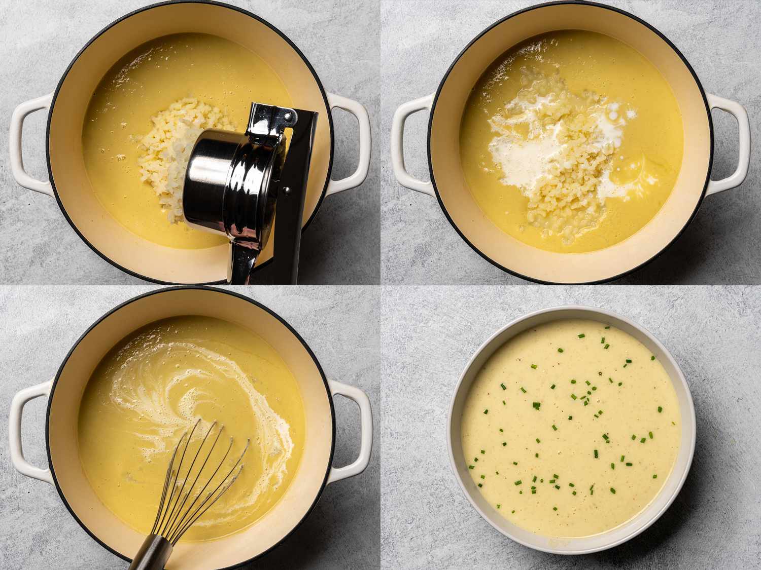 拼贴:用碾米机加工土豆，然后加入混合汤中。奶油被搅入。一碗用切碎的香葱装饰的汤。