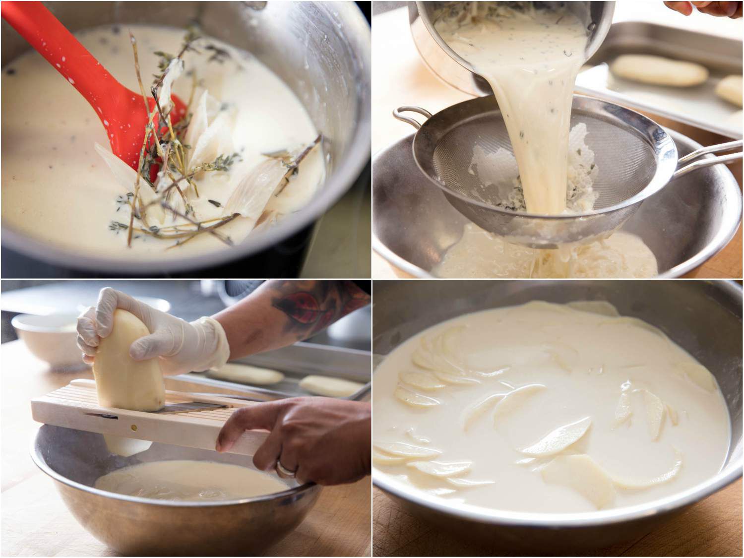 香草浸泡在奶油里的拼贴画，奶油被过滤出来，土豆被曼陀林切片，土豆切片浸泡在一碗奶油里。gydF4y2Ba