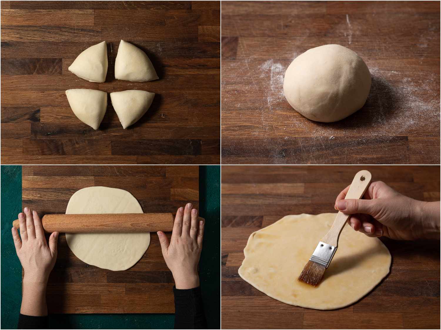 将葱油饼的面团分开，再擀成球，用擀面杖擀平，涂上香油。