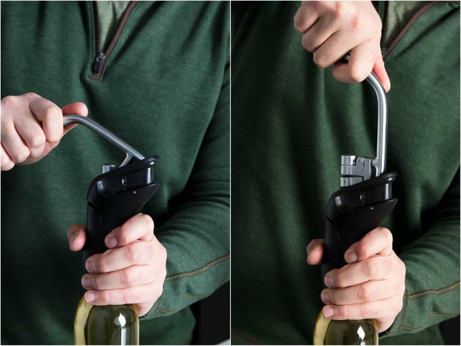 两个阶段使用的含氧的杆螺旋开瓶酒:压低,然后拉起