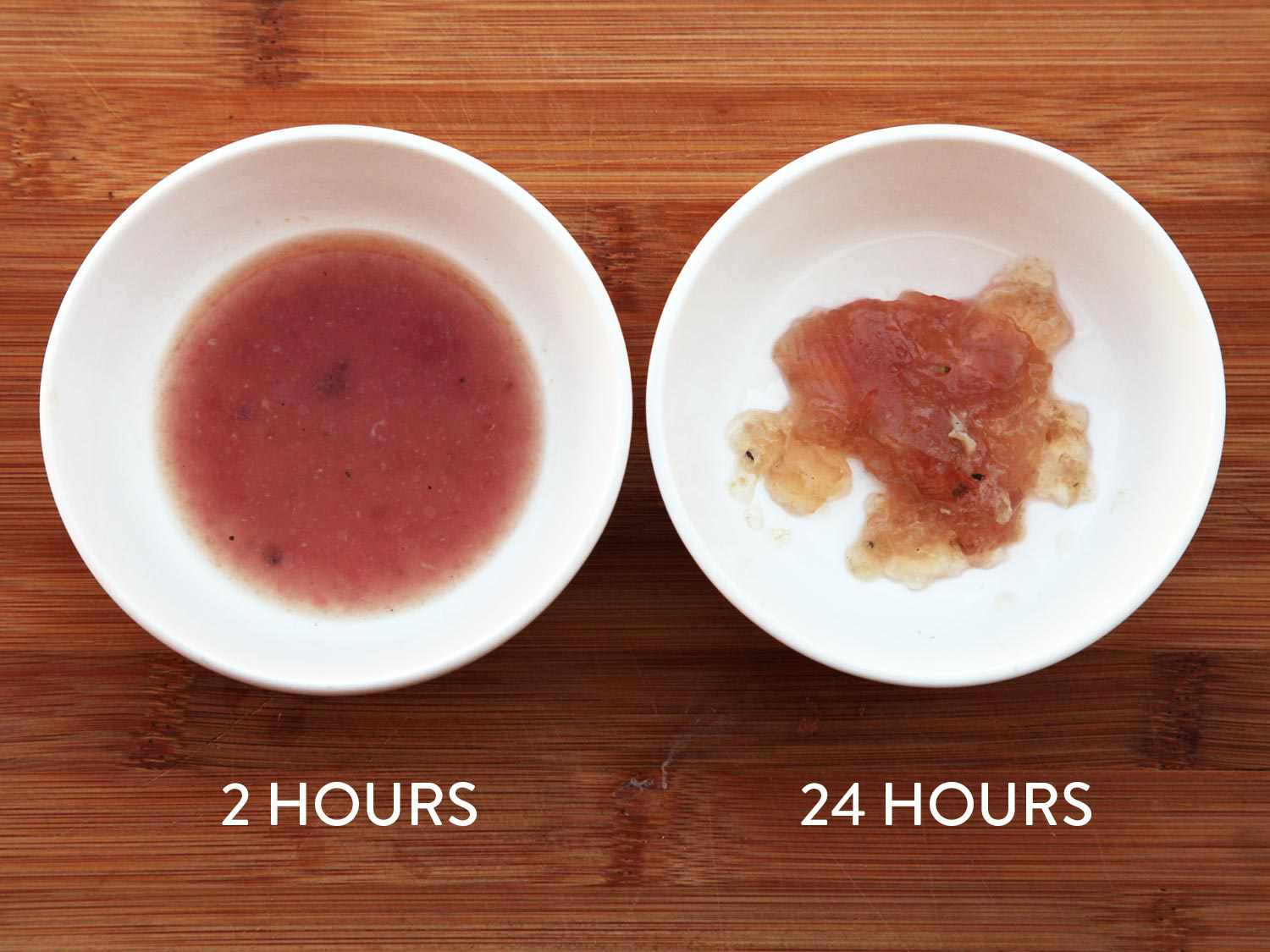 果汁表示从两个批次的样品真空鸡胸肉,一个煮两个小时和一个煮熟的24小时,在145°F