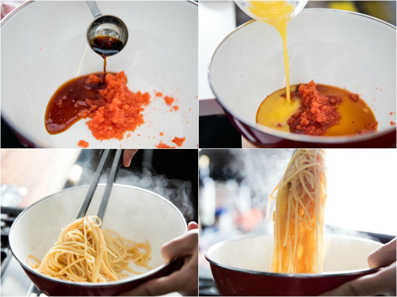 四个图像。首先,mentaiko添加到碗里加上酱油。第二,加入融化的黄油。最后两张图片显示热气腾腾的面条被涂在混合物。
