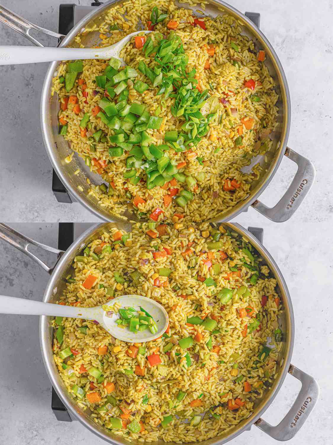 两个图像拼贴。上图:切好的葱花和青椒加入米饭中。下:炒饭完成