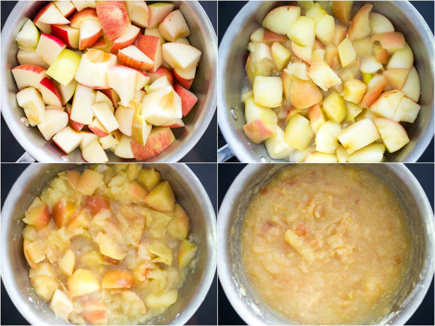 苹果在不同阶段分解的照片拼贴，因为他们烹饪苹果酱gydF4y2Ba