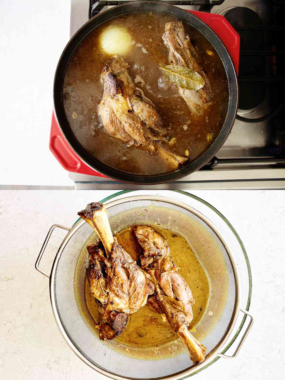 两个图像拼贴。上图:炉子上的荷兰烤炉里烤着羊肉。下图:小羊在玻璃碗上被过滤