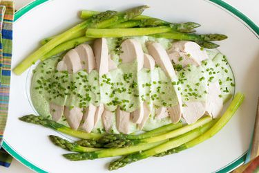 poached chicken and asparagus with Green Goddess sauce