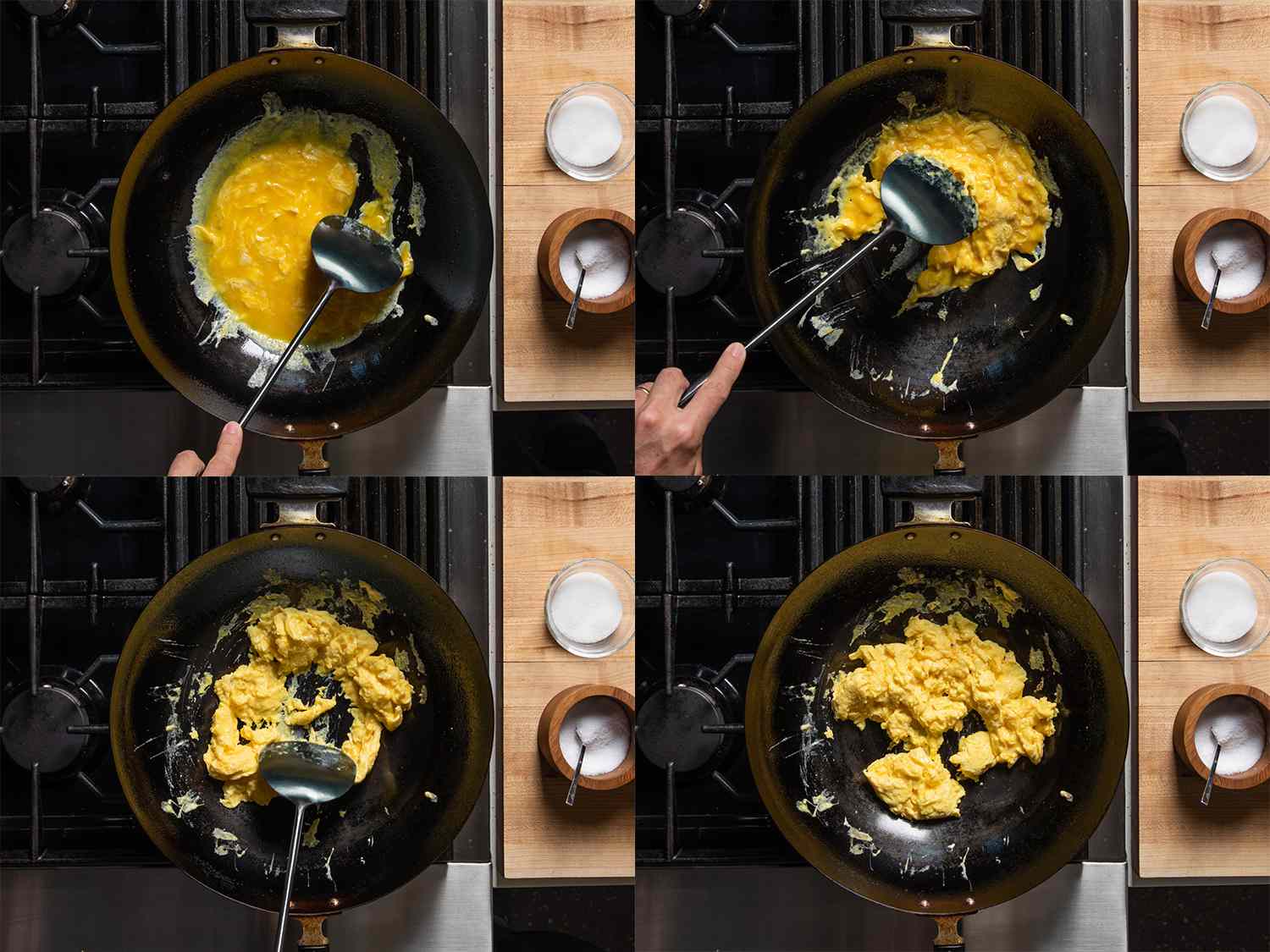 炒锅里炒鸡蛋的四张照片拼贴。