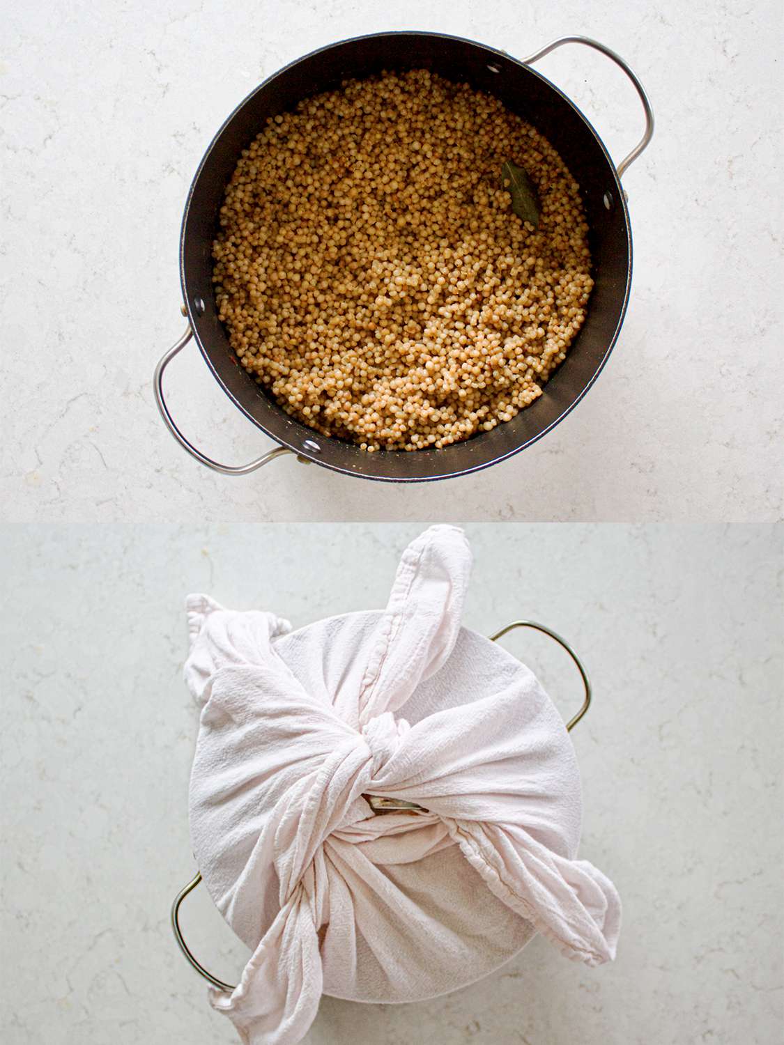 二图像拼贴。上:在锅里煮的马夫刀。下:毛巾裹在锅盖上。