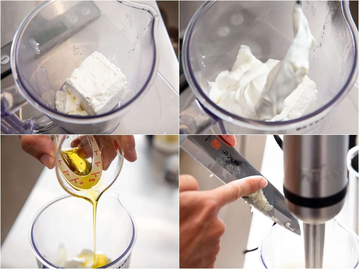 这一系列图片展示了将羊乳酪、希腊酸奶、橄榄油和大蒜混合在一个搅拌器罐中制成的羊乳酪酱。gydF4y2Ba
