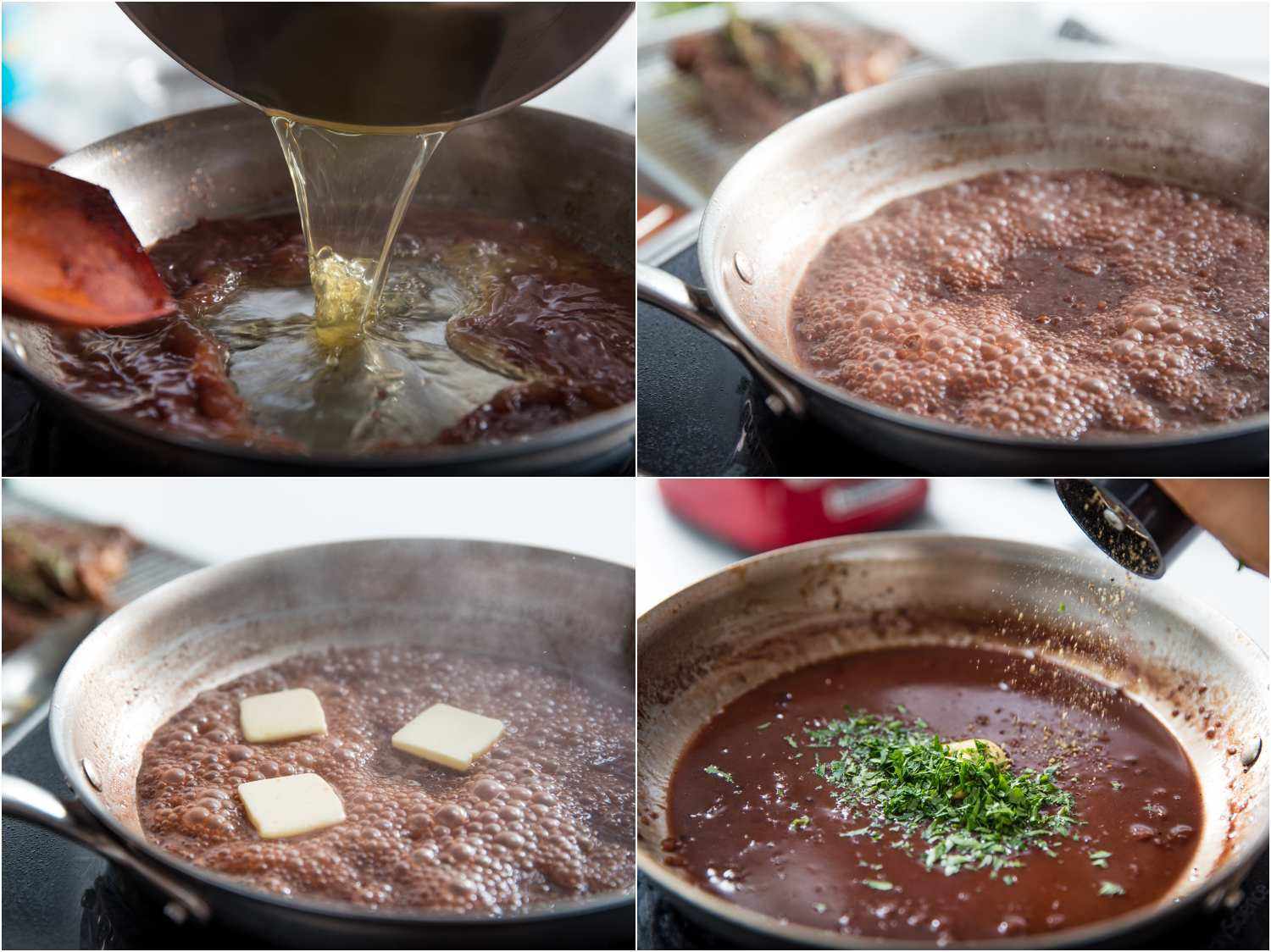制作平底锅酱汁的照片拼贴:将鸡汤倒入盛有稀释过的葡萄酒和奶酪的煎锅中，混合物在煎锅中冒泡，在混合物中加入少量黄油，加入黑胡椒和香草