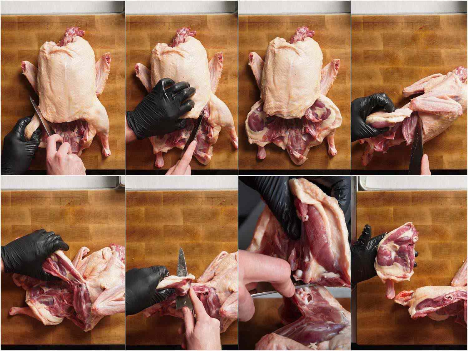 照片拼贴显示过程干净的屠宰腿的一只鸭子。