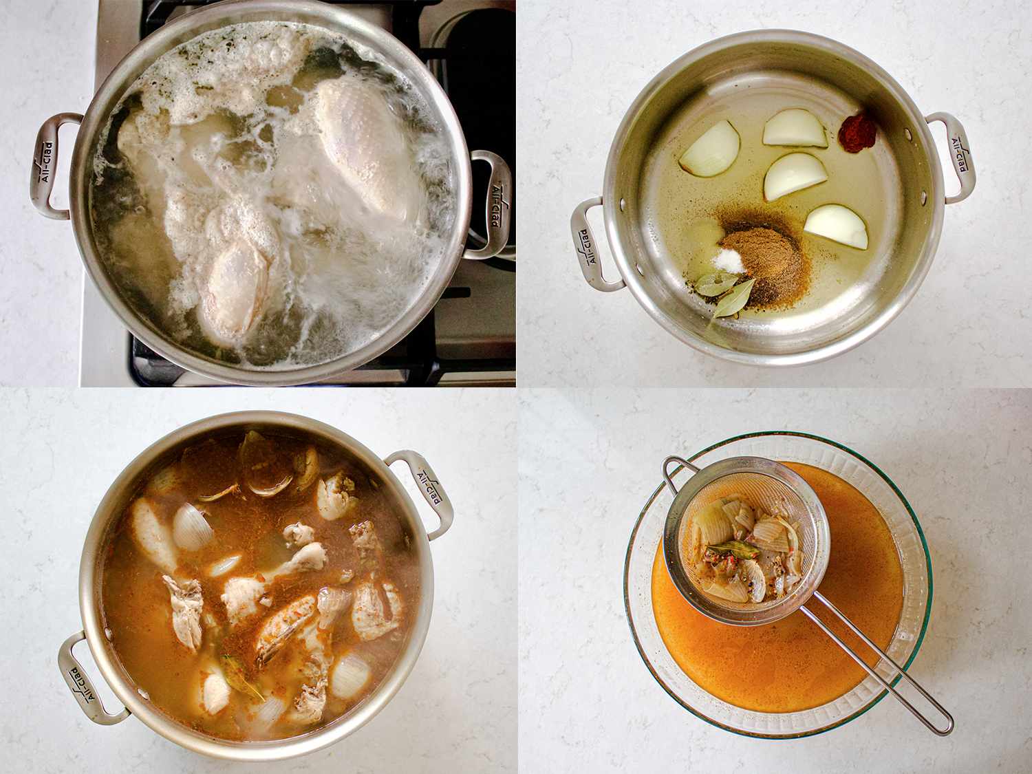 四幅拼贴画:在水中煮鸡肉，在干净的锅中加入香料，将鸡肉和高汤加入锅中，以及将高汤过滤。