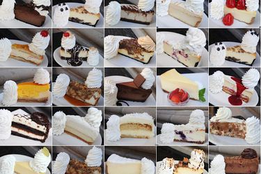 A collage of 25 slices of Cheesecake Factory cheesecakes.