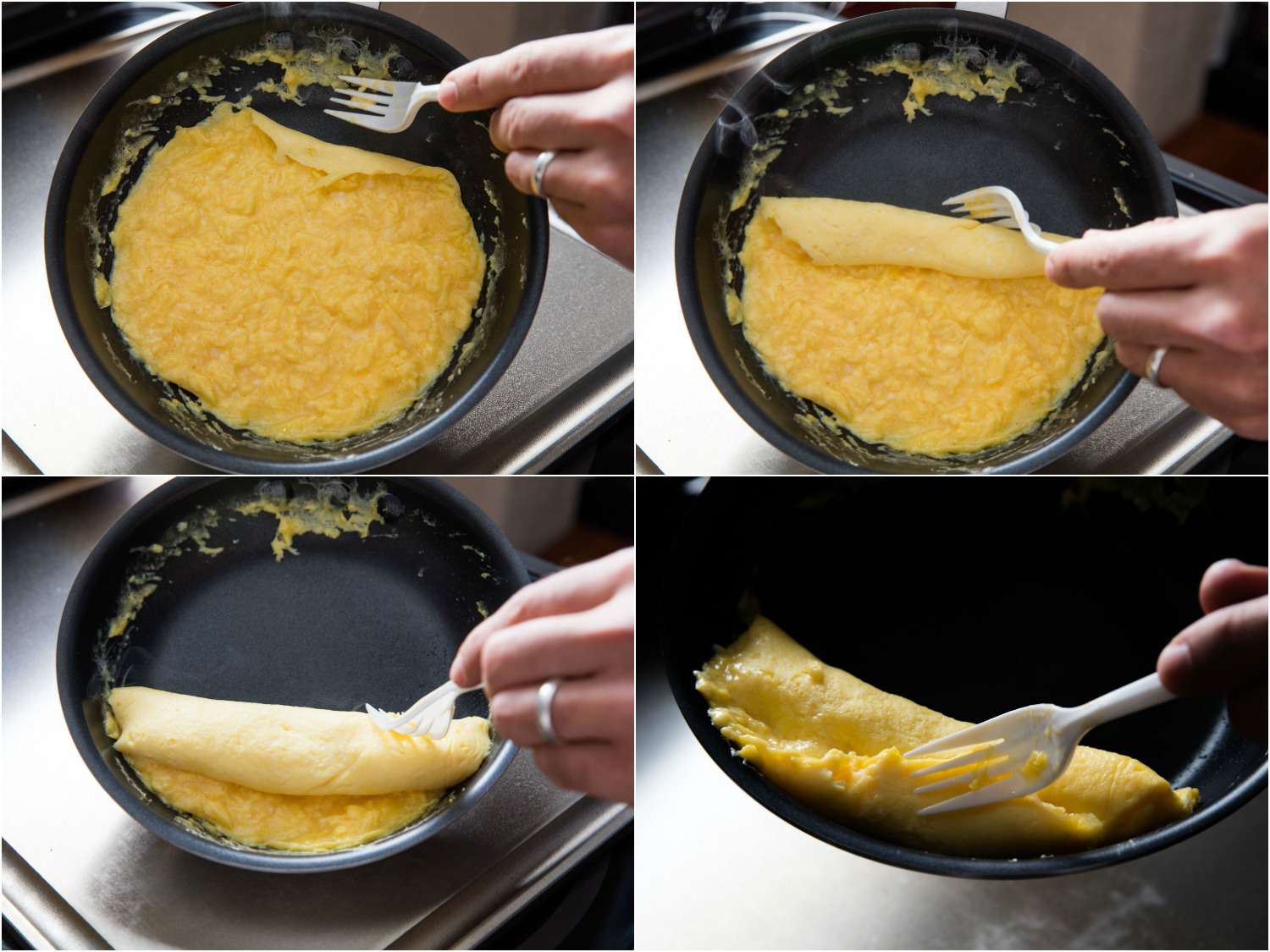 在不粘锅里做法式煎蛋卷的拼贴画:用塑料叉子把煎蛋卷的边缘卷起来，形成一个长方形。gydF4y2Ba