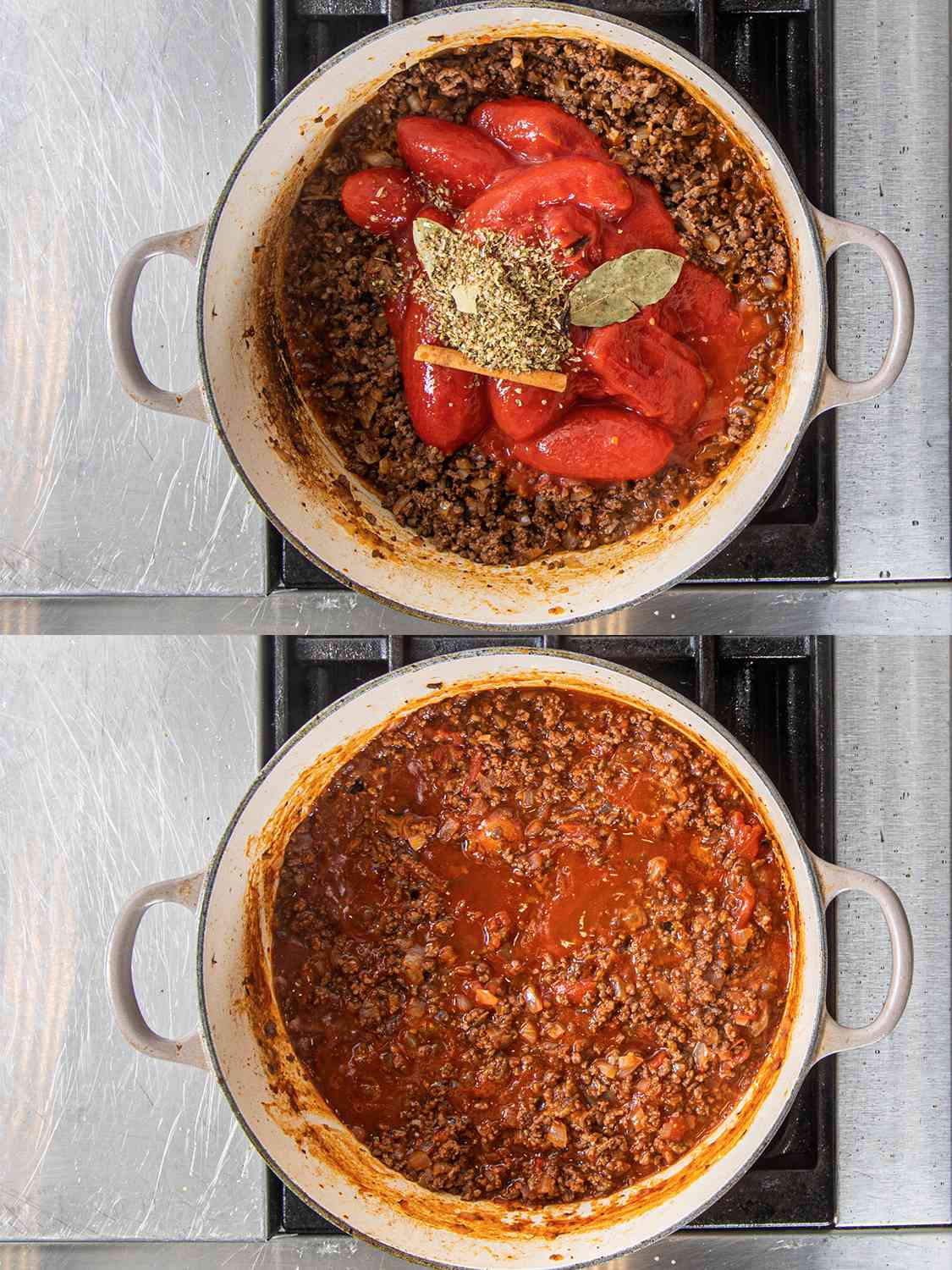 两个图像拼贴。上图:罐头西红柿和香料放在肉上。下图:混合西红柿和肉在锅里煮。