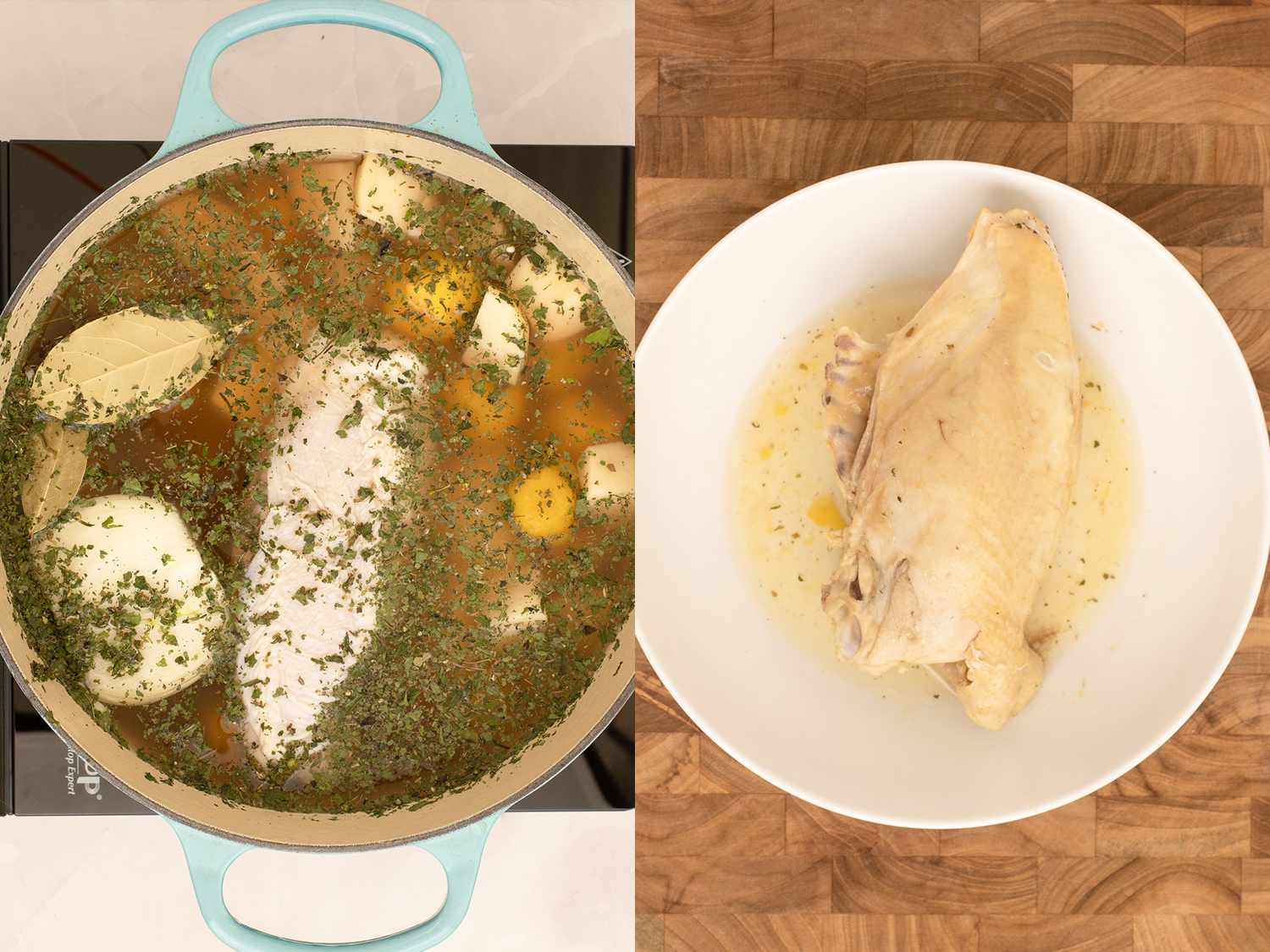 一锅鸡汤，鸡肉，洋葱，土豆和香料。一块镀好的鸡胸肉。