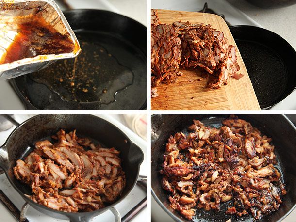 这是一组四张照片的拼贴:从煮熟的牧师肉中加入脂肪到锅中，把切片肉放入锅中，烹饪，以及在脂肪中炸脆后的切片肉。