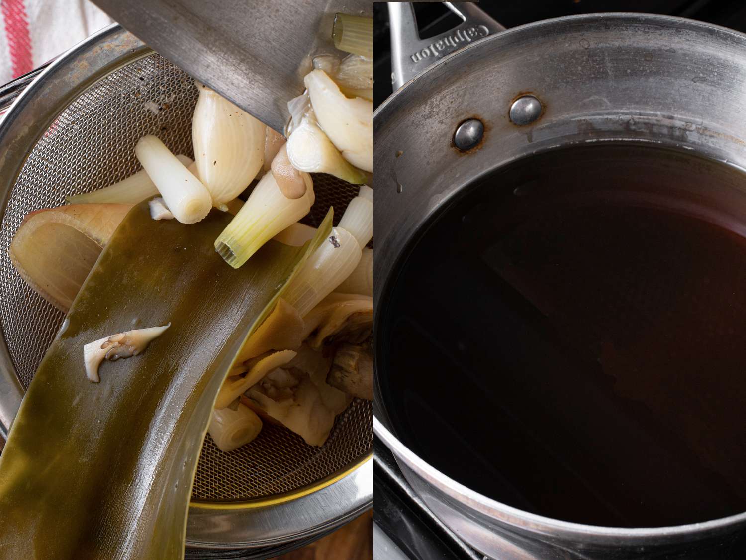 两个影像拼贴。左边的图像显示煮熟的蔬菜和海带紧张通过锥形滤网。正确的图像显示了now-strained不锈钢锅肉汤。