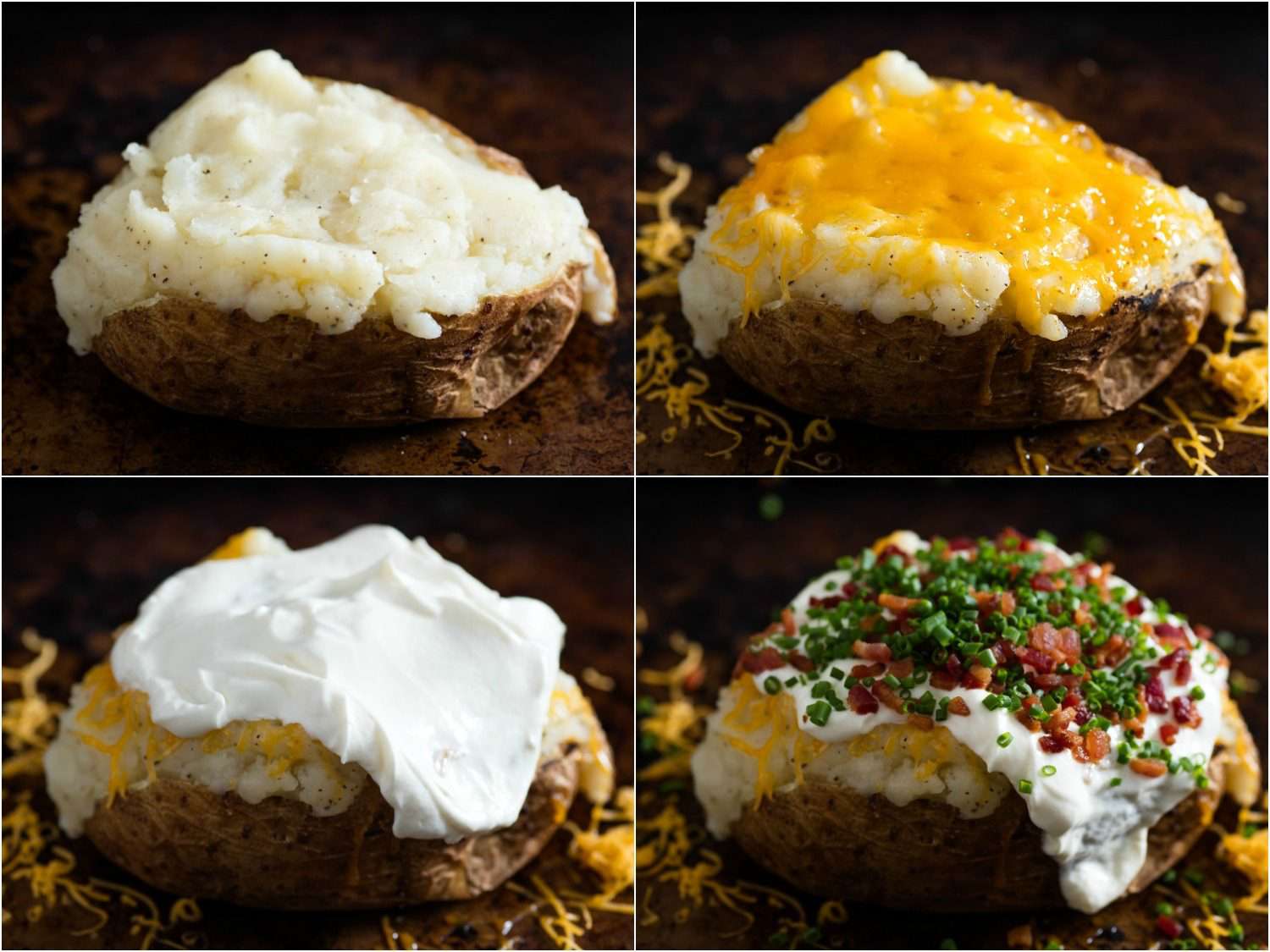 照片分为四部分，展示了用奶酪、酸奶油、培根和葱花填充烤土豆的过程。