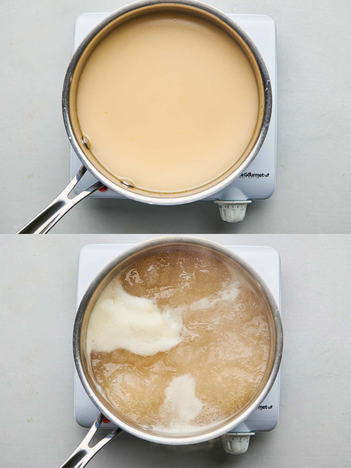两个影像拼贴。上图显示了肉汤和玉米淀粉糊在一个平底锅中用中火相结合。下面的图片显示了汤,现在略增厚,减少到一个炖锅内。